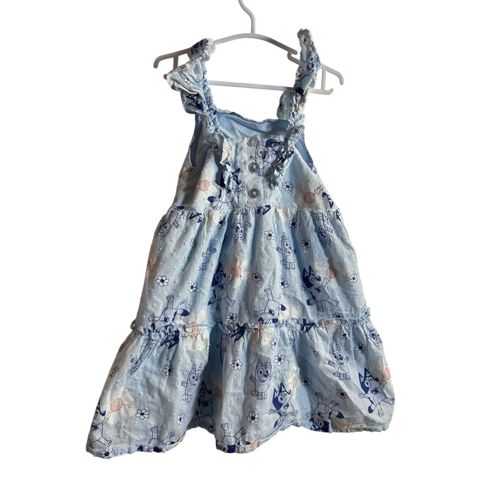 Bluey Sundress 4T Light Blue Swiss Dot Floral Ruffle Tiered Kids Dress